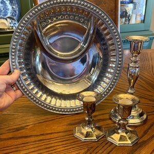 Wilton Armetale Flutes & Pearls Round Chip & Dip Dish & 3 silver candle holders
